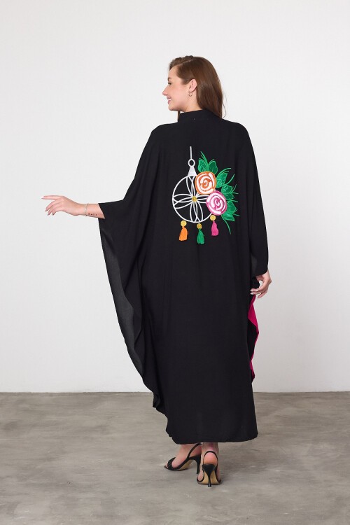 994 Siyah Fuşya Sırt Nakış Detaylı Büyük Beden Gömlek Elbise