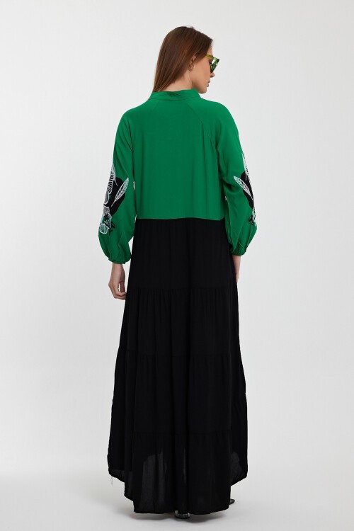 996 Kadın Kolları Nakış İşlemeli Yaka Bağcıklı Uzun Tesettür Elbise