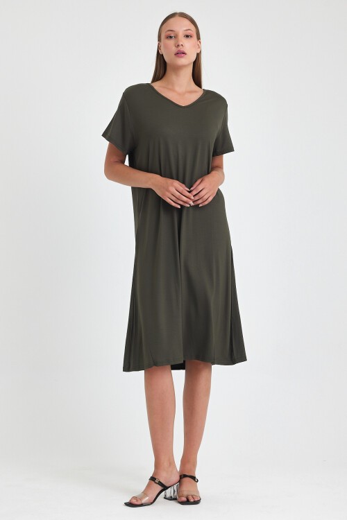 C2 Haki V Yaka Penye Viskon Elbise