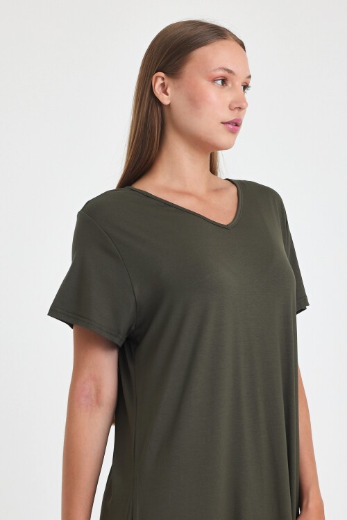 C2 Haki V Yaka Penye Viskon Elbise