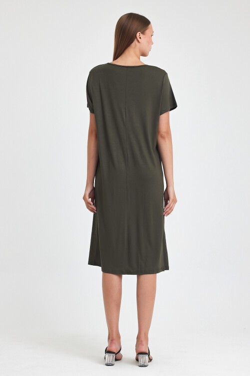 C2 Haki V Yaka Penye Viskon Elbise