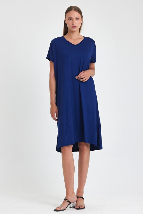 C2 Lacivert V Yaka Penye Viskon Elbise