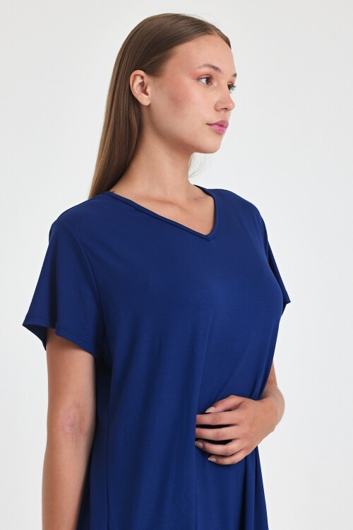 C2 Lacivert V Yaka Penye Viskon Elbise