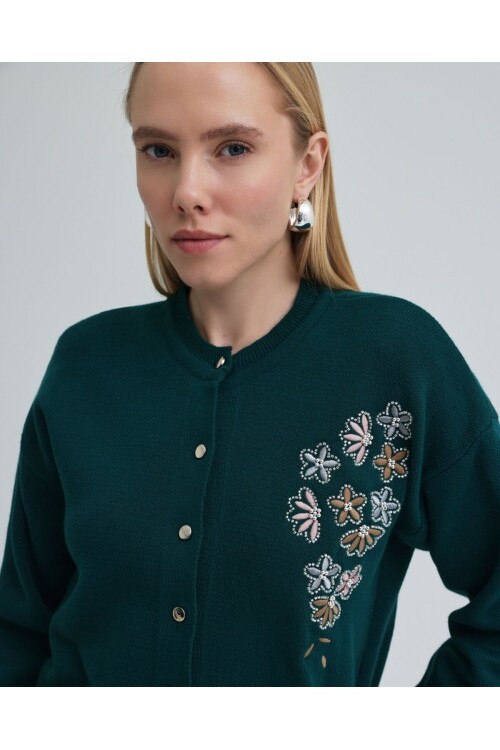 T3264 Petrol Çiçek İşlemeli Triko Ceket