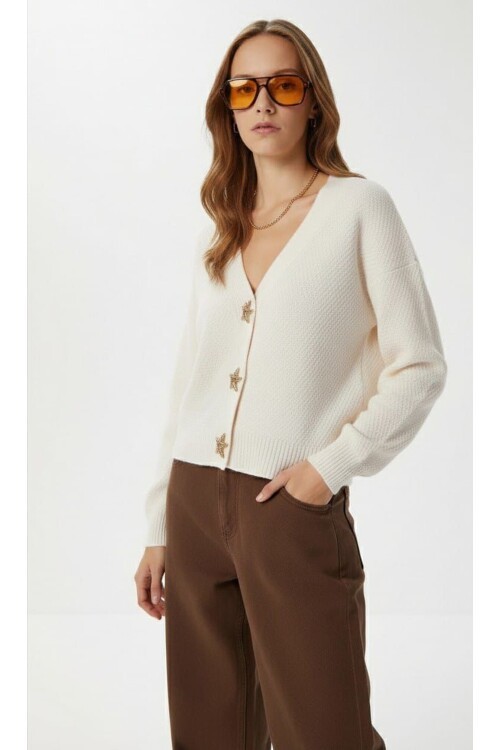 T500 Beyaz Yıldız Düğmeli Ceket Triko