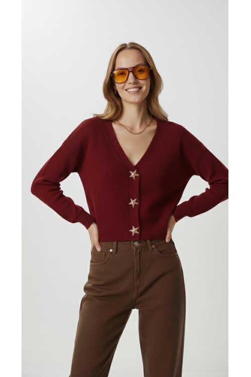 T500 Bordo Yıldız Düğmeli Ceket Triko