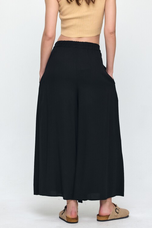 V030 Geniş Paça Bel Lastikli Otantik Nakış Detaylı Viskon Pantolon