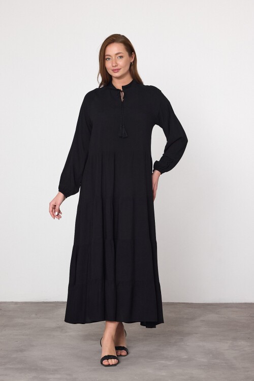 V032 Siyah Kadın Hakim Yaka Püskül Bağcıklı Balon Kol Uzun Elbise