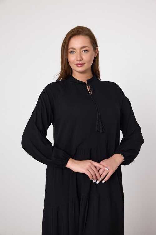 V032 Siyah Kadın Hakim Yaka Püskül Bağcıklı Balon Kol Uzun Elbise