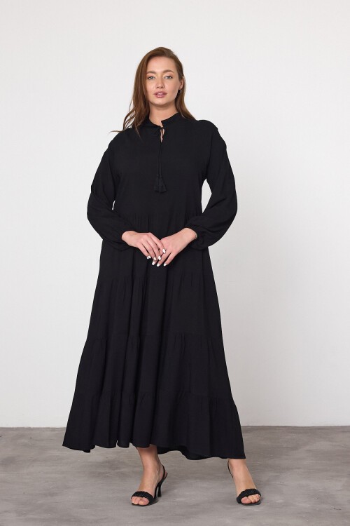 V032 Siyah Kadın Hakim Yaka Püskül Bağcıklı Balon Kol Uzun Elbise