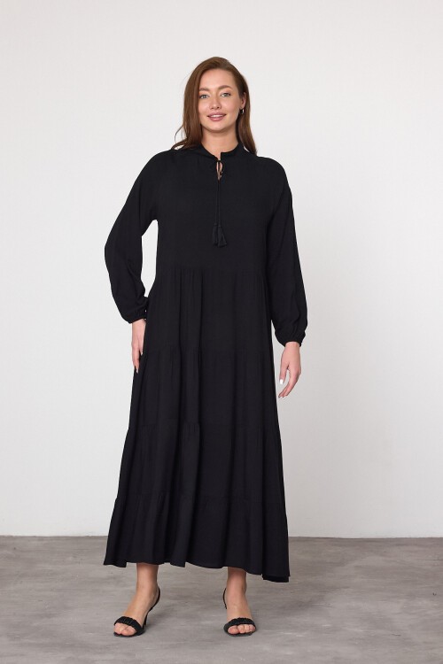 V032 Siyah Kadın Hakim Yaka Püskül Bağcıklı Balon Kol Uzun Elbise