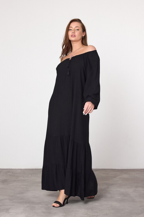 V033 Siyah Kadın Madonna Yaka Bağcıklı Elbise