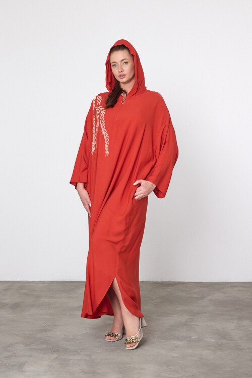 V037 Kiremit Yarım Fermuarlı Kapüşonlu Viskon Elbise