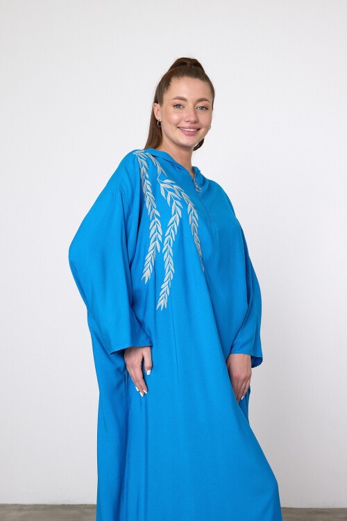 V037 Turkuaz Yarım Fermuarlı Kapüşonlu Viskon Elbise