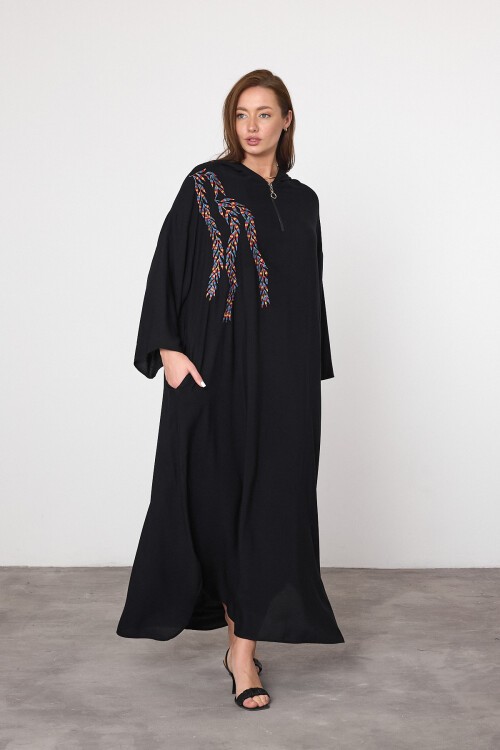 V037 Siyah Yarım Fermuarlı Kapüşonlu Viskon Elbise