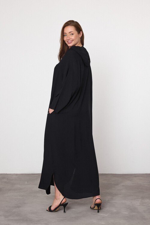 V037 Siyah Yarım Fermuarlı Kapüşonlu Viskon Elbise
