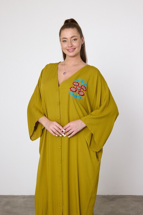 V038 Hardal Çiçek Nakışlı Büyük Beden Gömlek Elbise