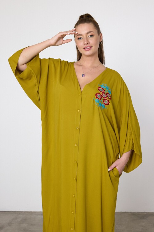 V038 Hardal Çiçek Nakışlı Büyük Beden Gömlek Elbise