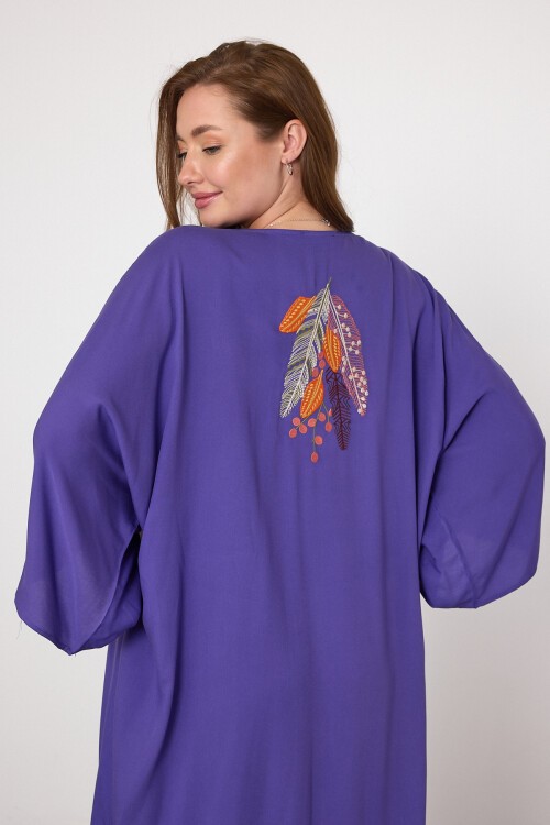 V039 Mor Kuş Tüyü Nakış Püskül Detaylı Büyük Beden Gömlek Elbise