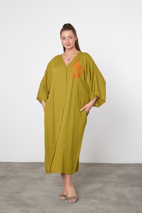 V050 Hardal Kadın V Yaka Düğme Kapalı Nota Nakış Detaylı Büyük Beden Gömlek Elbise