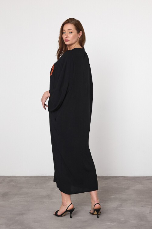 V050 Siyah Kadın V Yaka Düğme Kapalı Nota Nakış Detalı Büyük Beden Gömlek Elbise