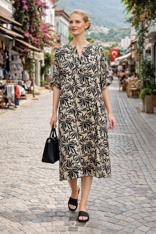 V052 Kadın Kollu Desenli Elbise