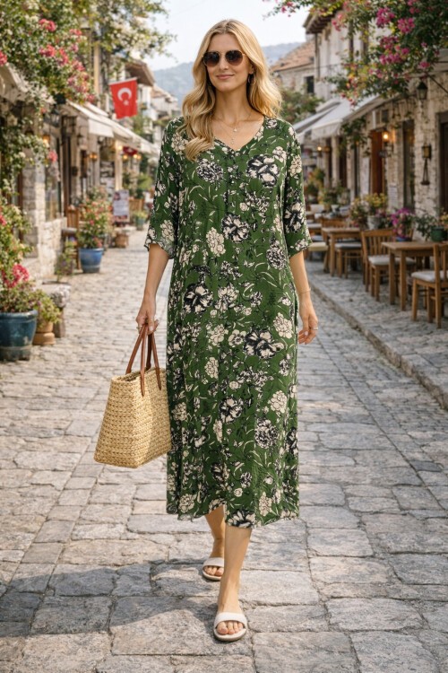 V052 Kadın Kollu Desenli Elbise