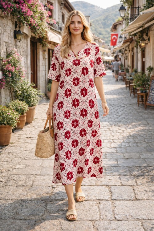 V052 Kadın Kollu Desenli Elbise