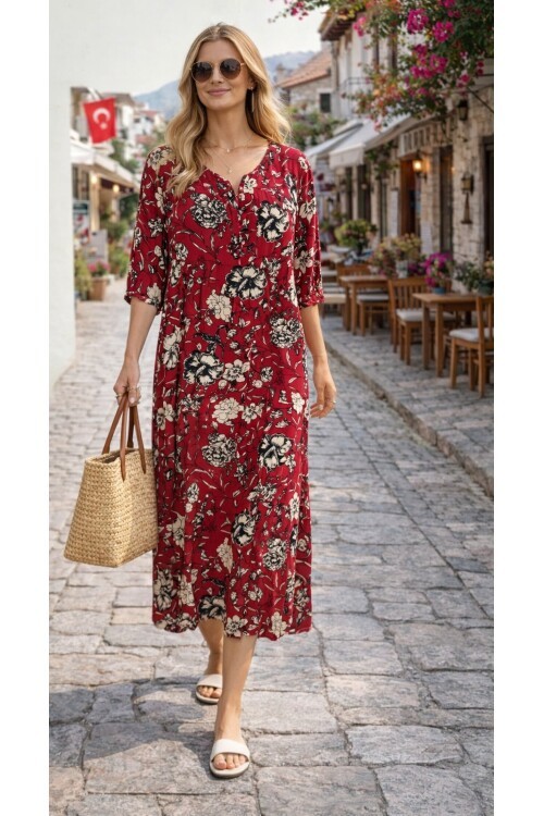 V052 Kadın Kollu Desenli Elbise