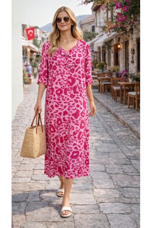 V052 Kadın Kollu Desenli Elbise
