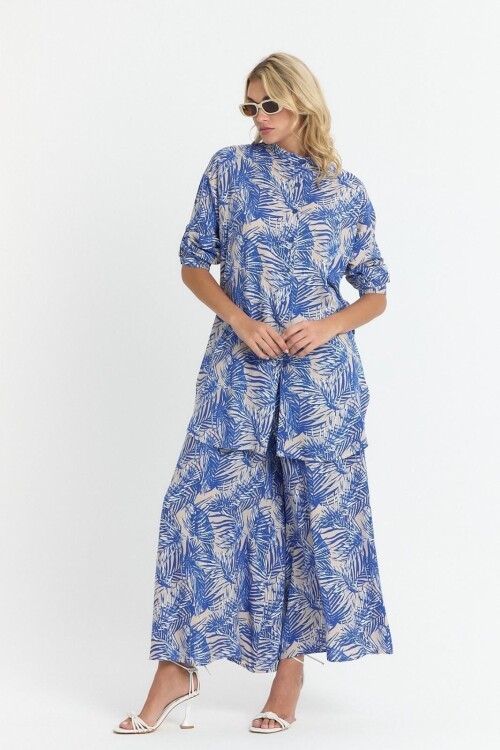 V053 Yeşil Yaprak Desen Gömlek Pantolon Takım