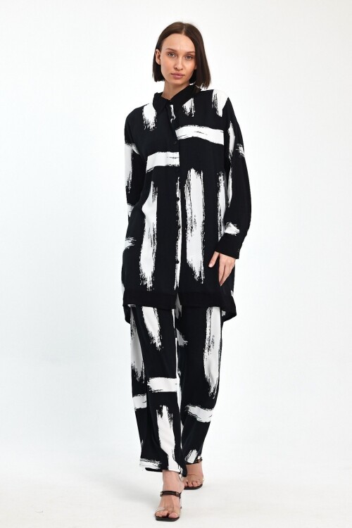 V055 Siyah Beyaz Fırça Desen Gömlek Pantolon Takım