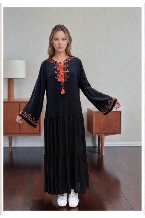 V066 Siyah Kadın Bisiklet Yaka Bağcıklı Elbise