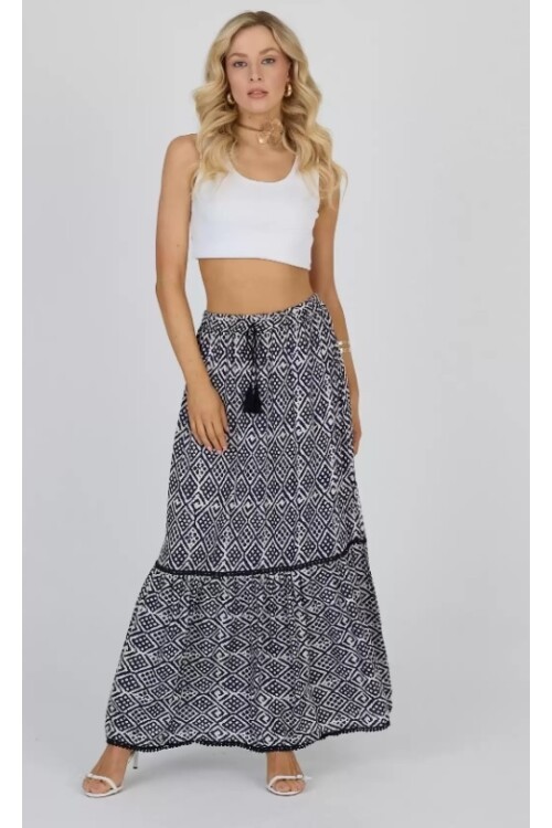 V068 Kadın Güpür Detaylı Bel Lastikli Salaş Etek