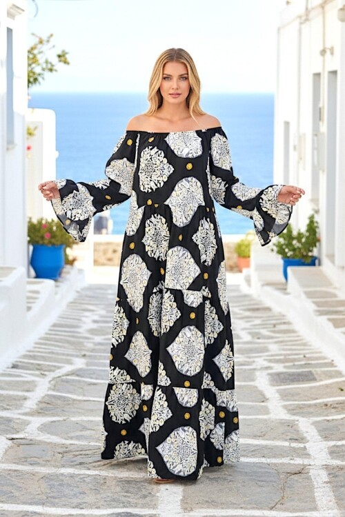V071 Siyah Desenli Madonna Yaka Elbise