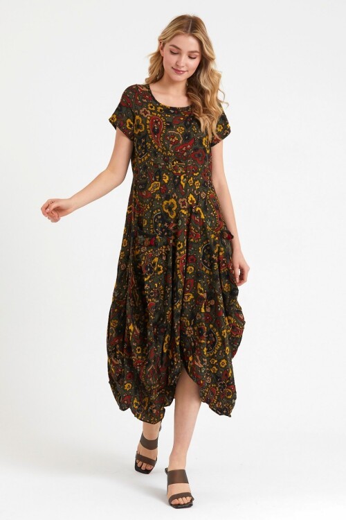 V075 Yeşil Otantik Desen Şalvar Model Elbise