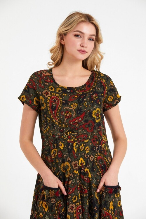 V075 Yeşil Otantik Desen Şalvar Model Elbise