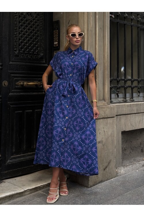 V083 Lacivert Mor Desenli Kuşak Detaylı Gömlek Elbise
