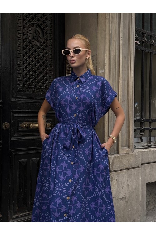 V083 Lacivert Mor Desenli Kuşak Detaylı Gömlek Elbise