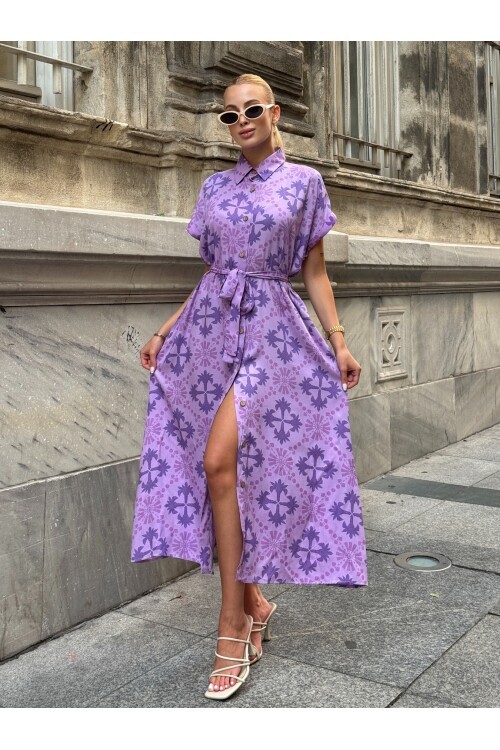 V083 Lila Desenli Kuşak Detaylı Gömlek Elbise