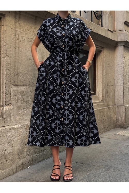 V083 Siyah Desenli Kuşak Detaylı Gömlek Elbise