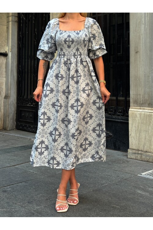 V095 Kadın Kare Yaka Gipeli Desenli Viskon Elbise