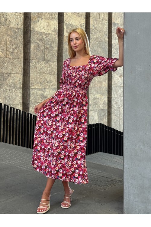 V095 Kadın Kare Yaka Gipeli Desenli Viskon Elbise