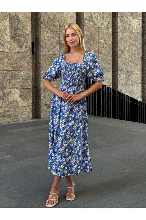 V095 Kadın Kare Yaka Gipeli Desenli Viskon Elbise