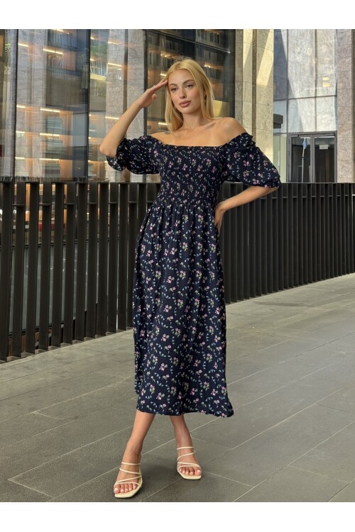 V095 Kadın Kare Yaka Gipeli Desenli Viskon Elbise