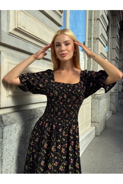 V095 Kadın Kare Yaka Gipeli Desenli Viskon Elbise