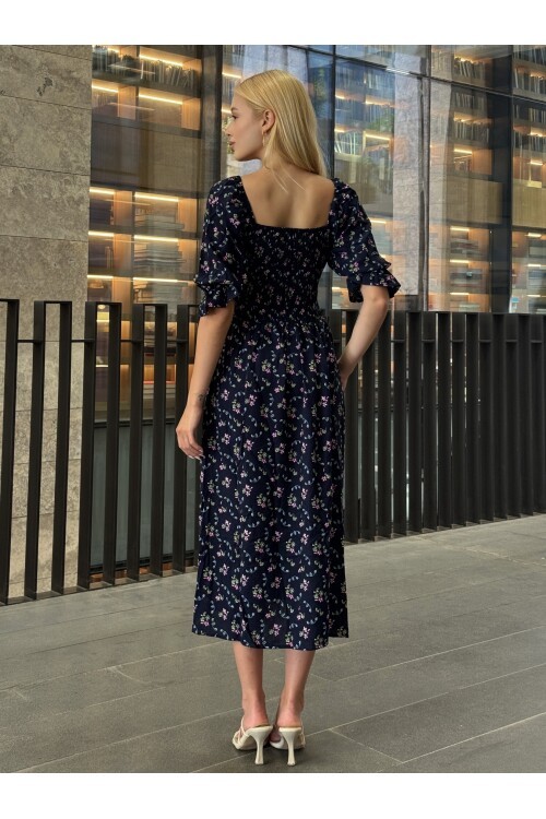 V095 Kadın Kare Yaka Gipeli Desenli Viskon Elbise