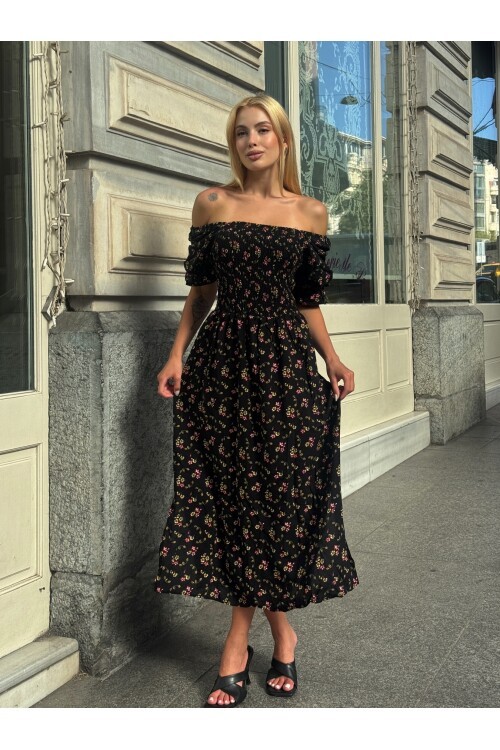 V095 Kadın Kare Yaka Gipeli Desenli Viskon Elbise