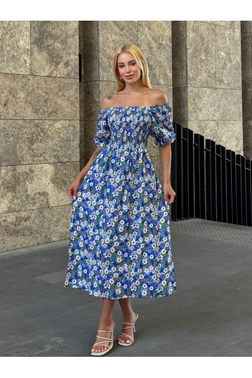 V095 Kadın Kare Yaka Gipeli Desenli Viskon Elbise