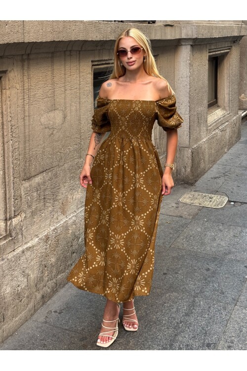 V095 Kadın Kare Yaka Gipeli Desenli Viskon Elbise